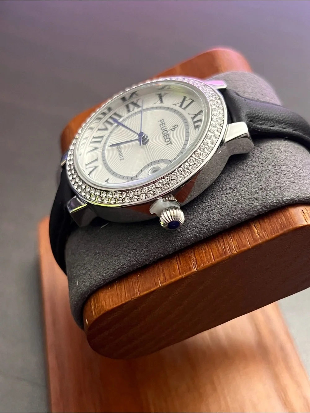 Peugeot Silver Crystal Bezel Watch with Black Strap